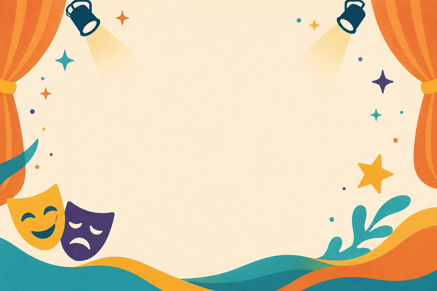Illustrated stage curtains, spotlights, stars, and theatre masks